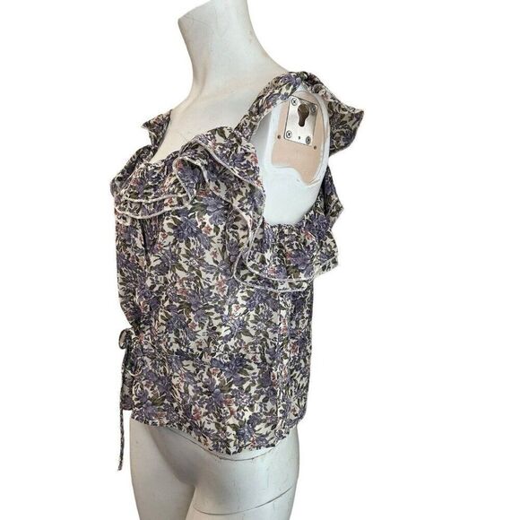 Ladies Small Purple Floral Sleeveless Blouse Smocked Ruffled Button Ties NWT - Picture 3 of 6